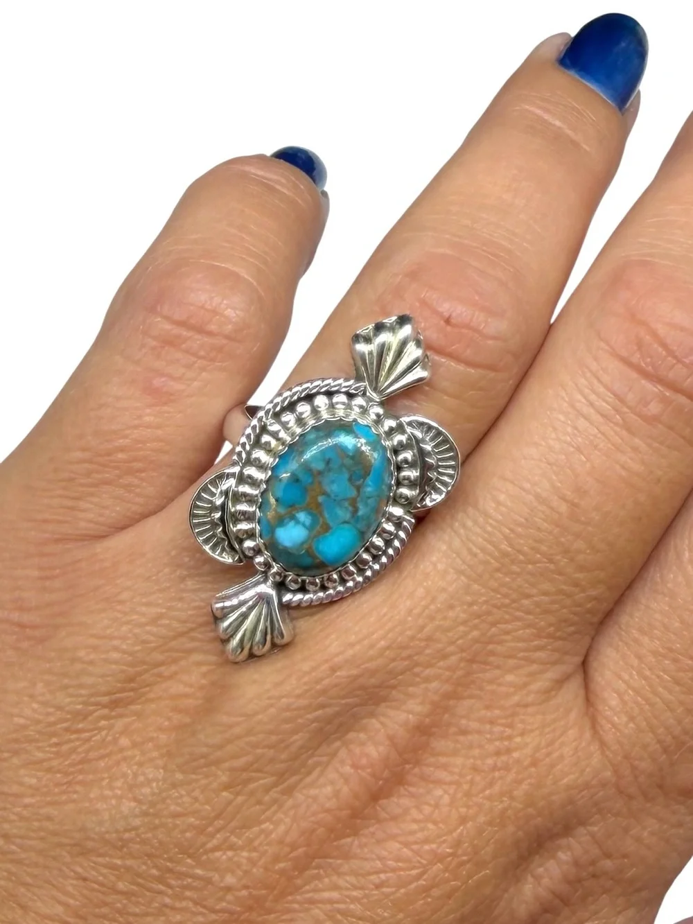 Kingman Mine Turquoise Ring Solid 925 Sterling Silver Adjustable Size 7 8 9